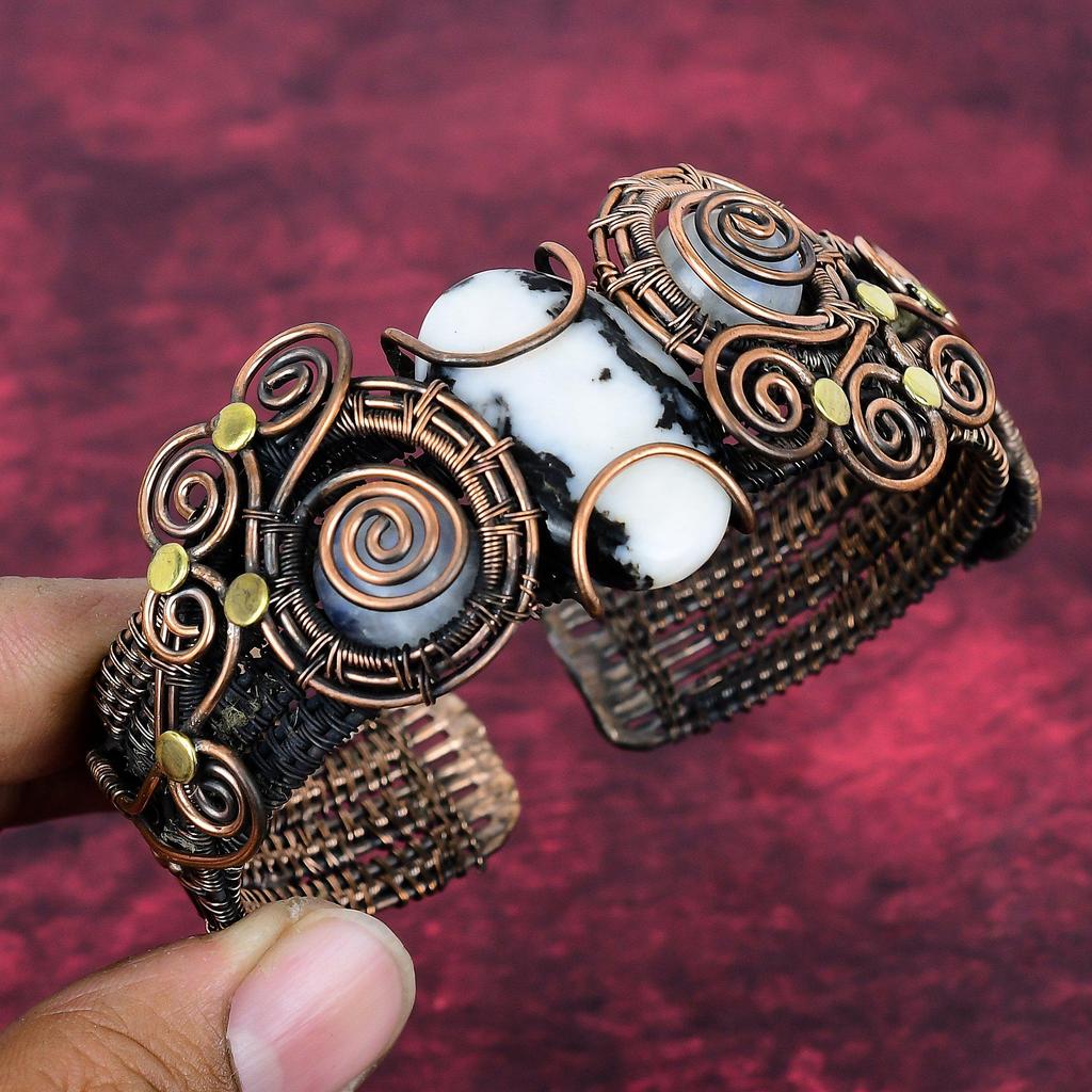 White Buffalo Turquoise & Moonstone Bangle Copper Wire Wrapped Adjustable Bangle