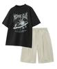 MOZMOZ [Set] Spider Pigment Short Sleeve + Pigment Wide Single-Pleat Shorts Set-Up