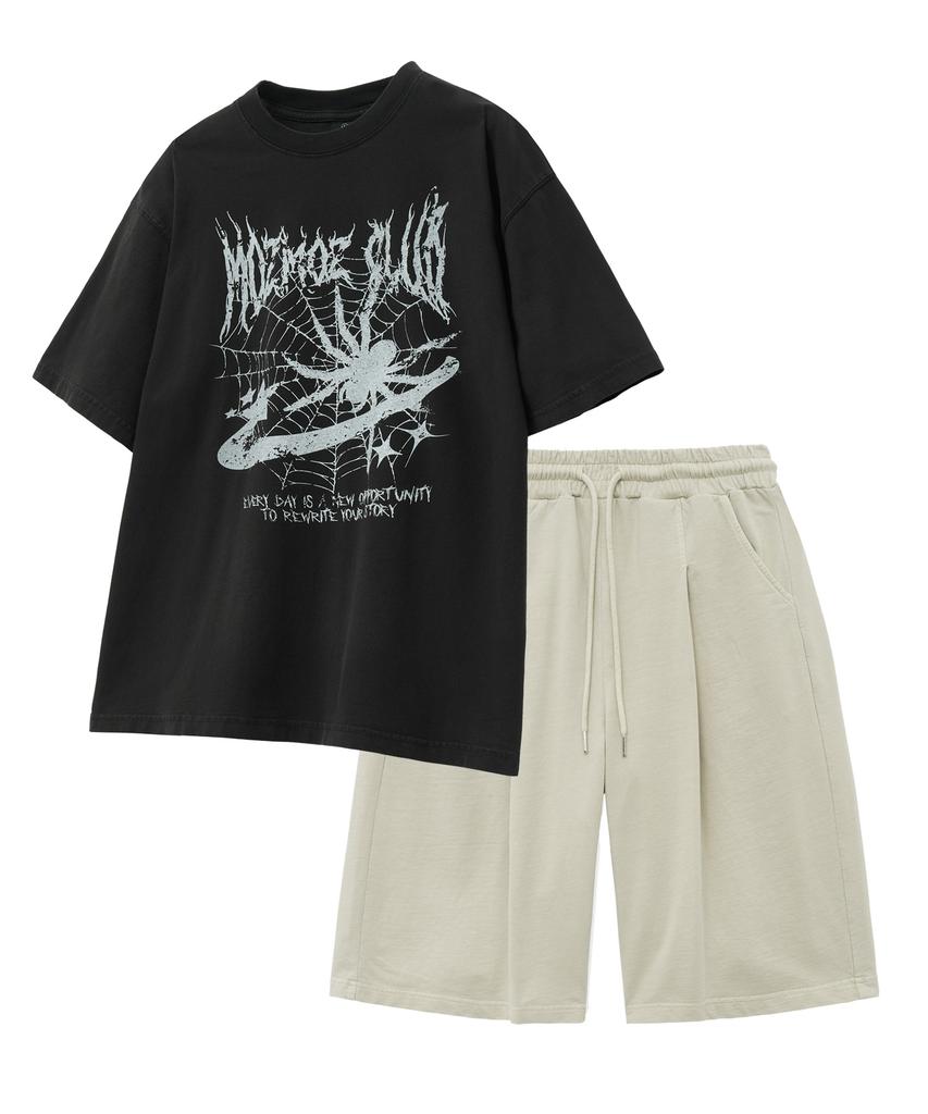 MOZMOZ [Set] Spider Pigment Short Sleeve + Pigment Wide Single-Pleat Shorts Set-Up
