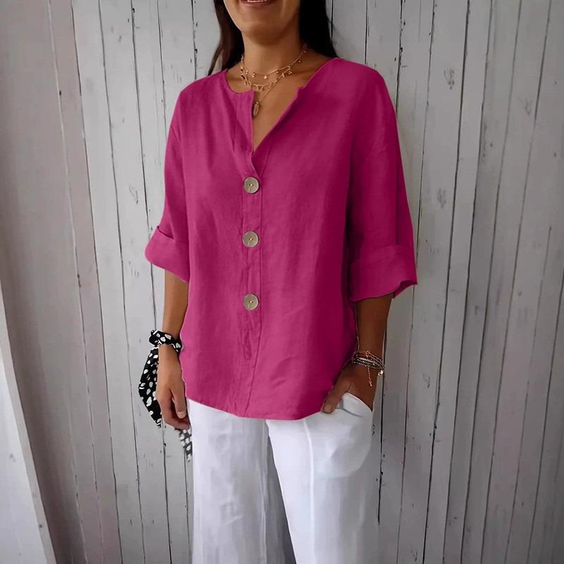 T-shirt da donna estiva nuova, larga, in cotone e lino, con scollo a V, bottoni, casual