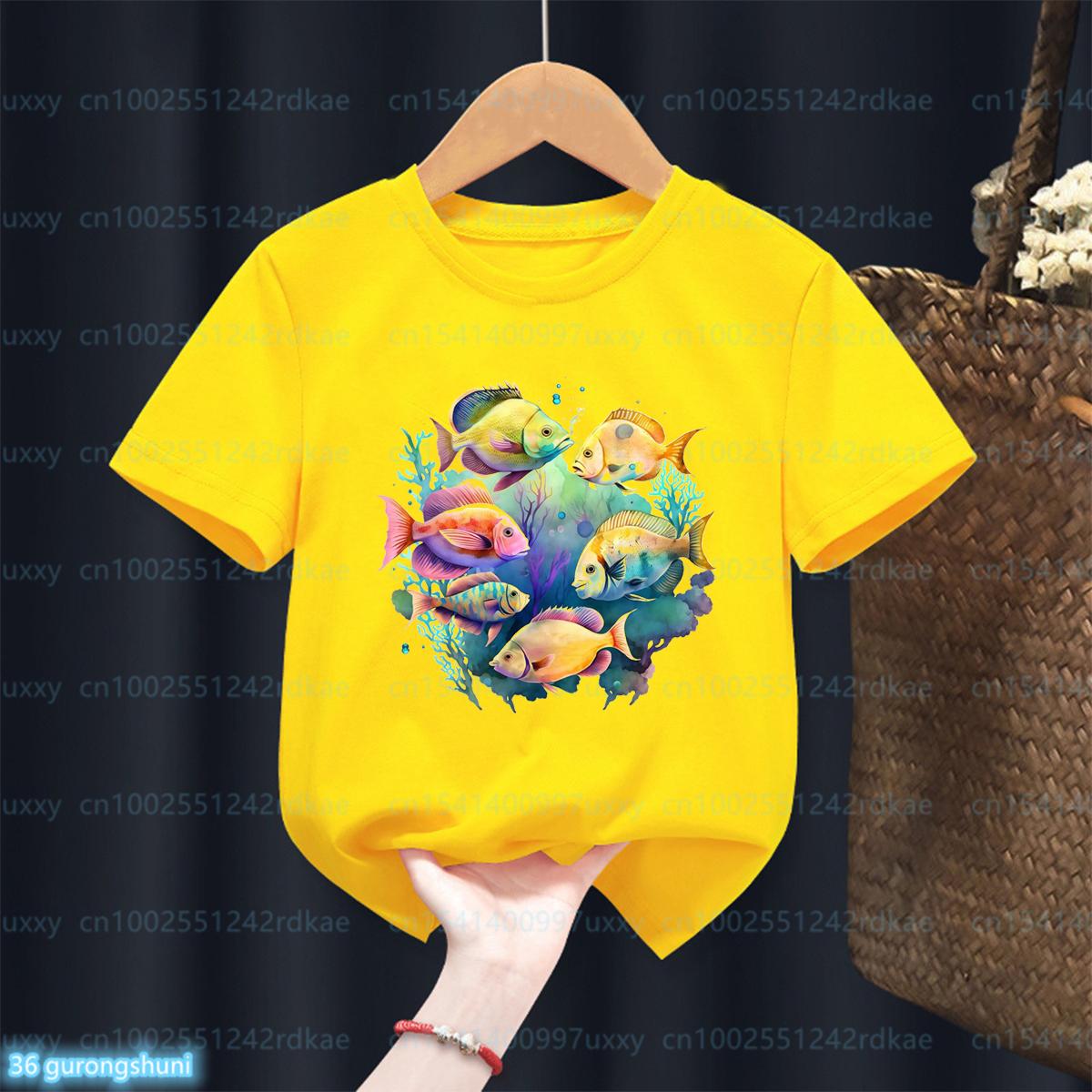 Tshirt for boys Cute marine fish graphic print tshirt for kids Fashion boys yellow short sleeved tshirt tops 115 years old 100