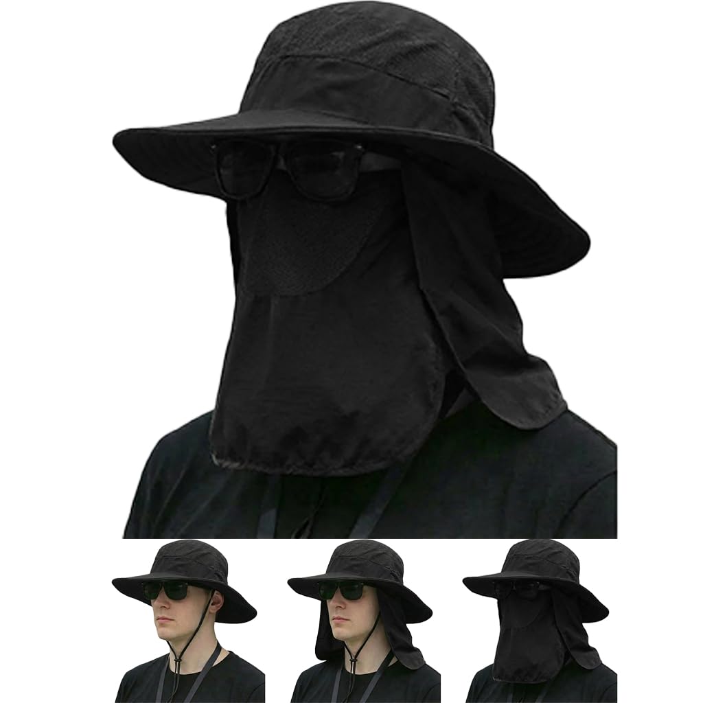 Sun Hat Bucket Hats for Men Women,Outdoor Wide Brim Fishing Hat with Detachable Face Cover & Neck Flap UV Protection