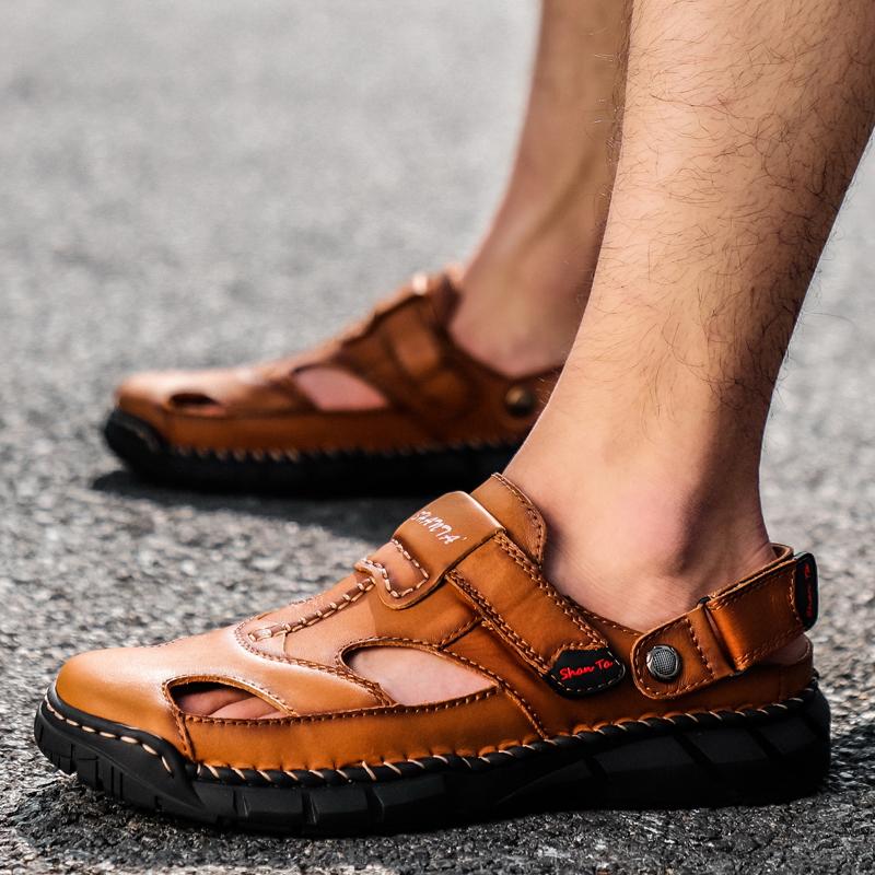 Hot Men Roman Sandals Genuine Leather Classics Black Sandals Non-Slip Rubber Sole Flat Beach Slides Slipper Man Plus Size38-48