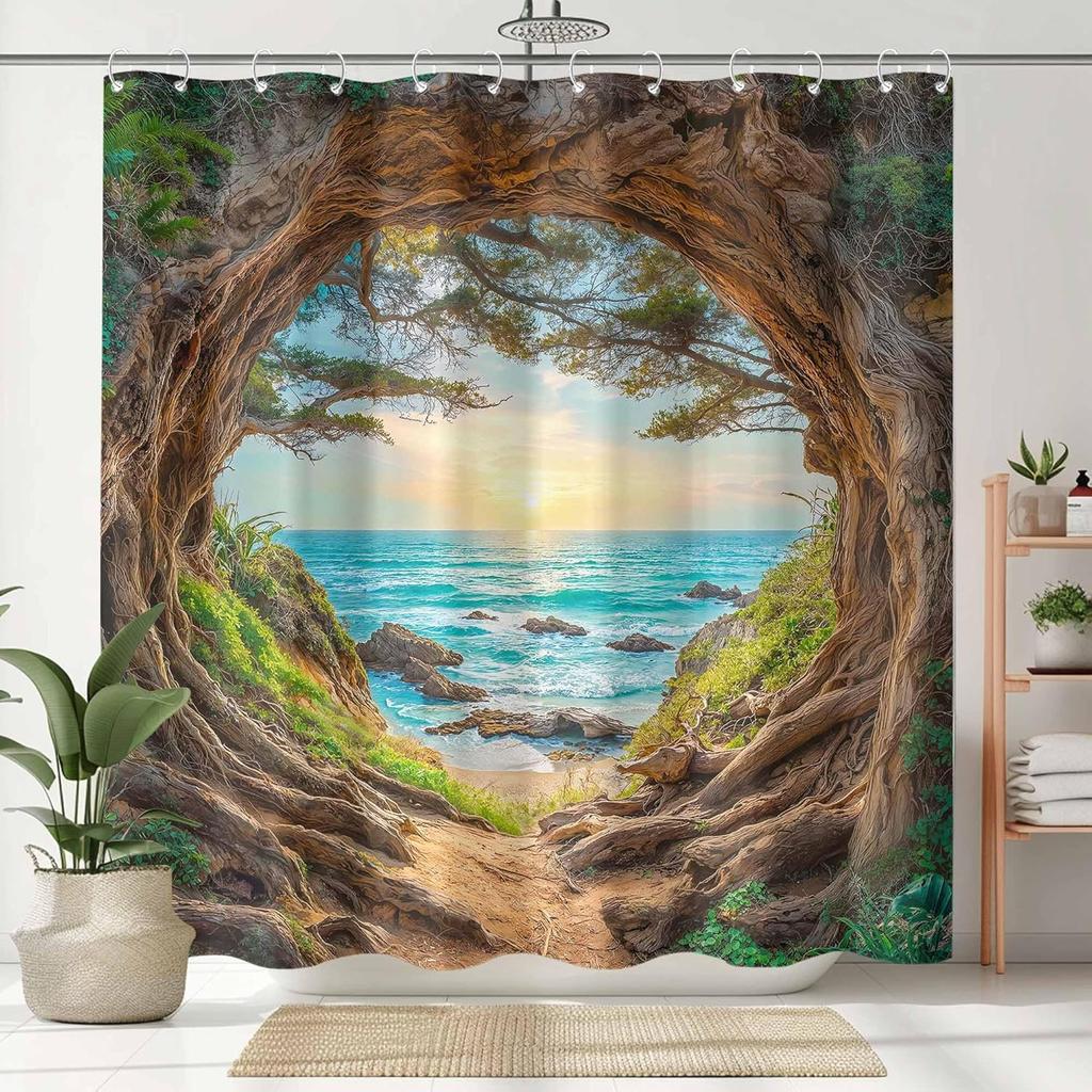 Nature View Shower Curtain Set Tree Archway Ocean Sunset Print Waterproof Bathroom Shower Curtain Serene Coastal Scene Home
