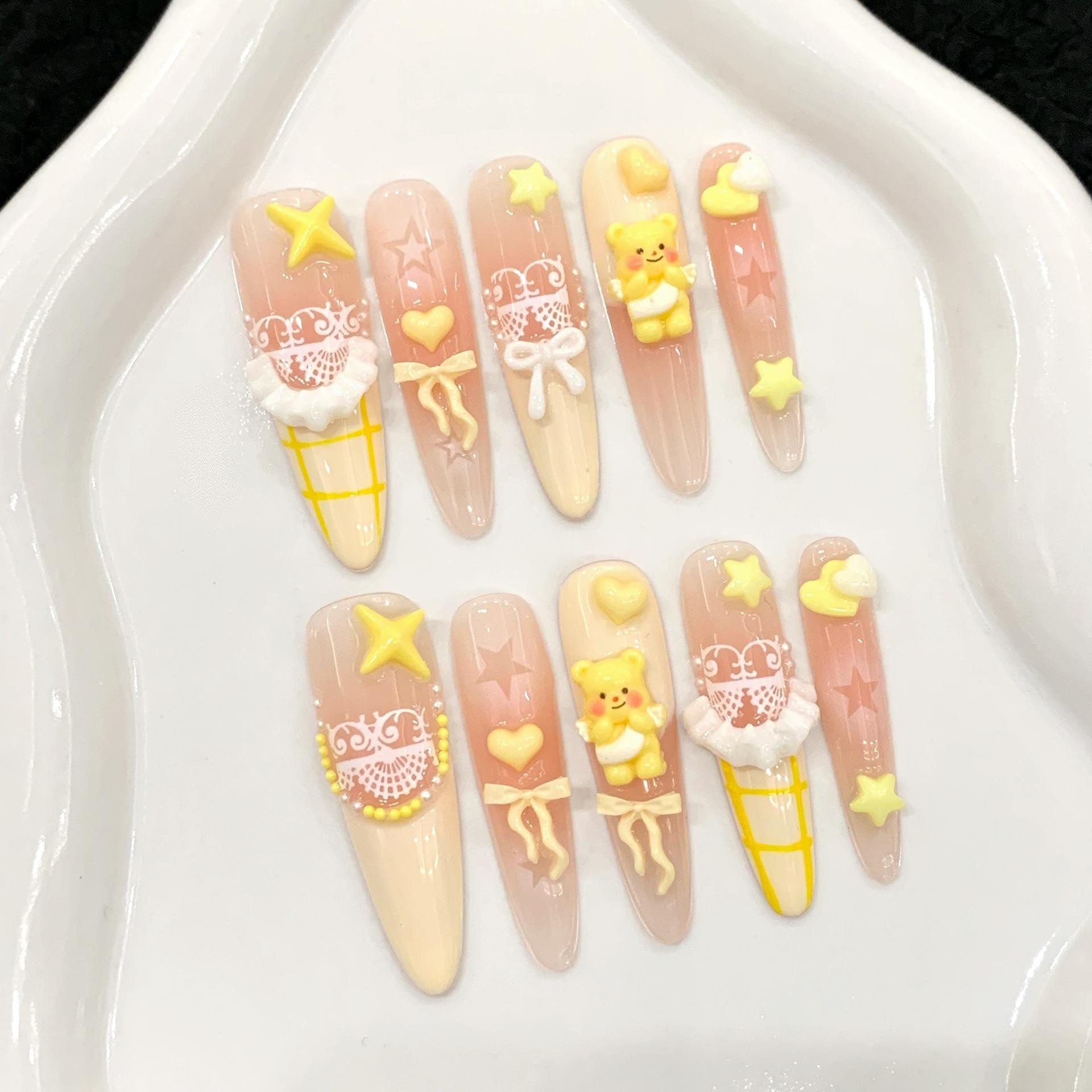 

10PCS Cute Yellow French Handmade False Nail Pink Blush Long Almond with 3D Bear Bowknot Design Fake Nail Wearable Press on Nail XS