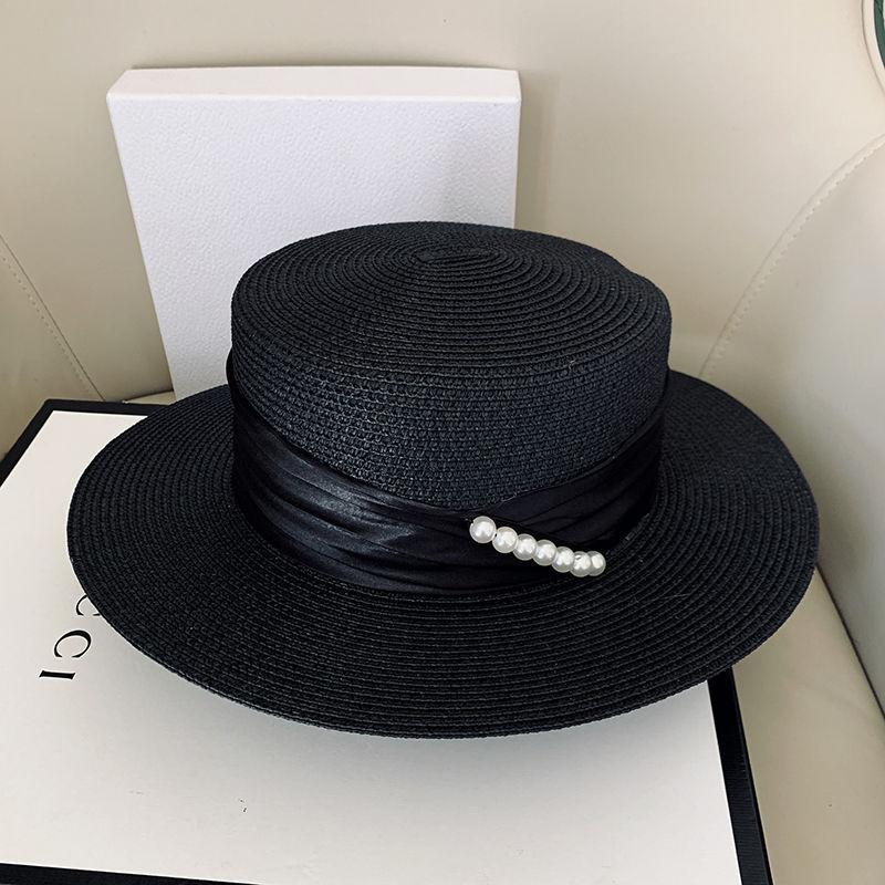 

Шляпа от солнца Grass Sun Hat - с плоским верхом, защищающим от УФ-излучения, с отделкой из искусственного жемчуга, элегантная защита от солнца в пригородном стиле, универсальная и дышащая M（56-58cm）