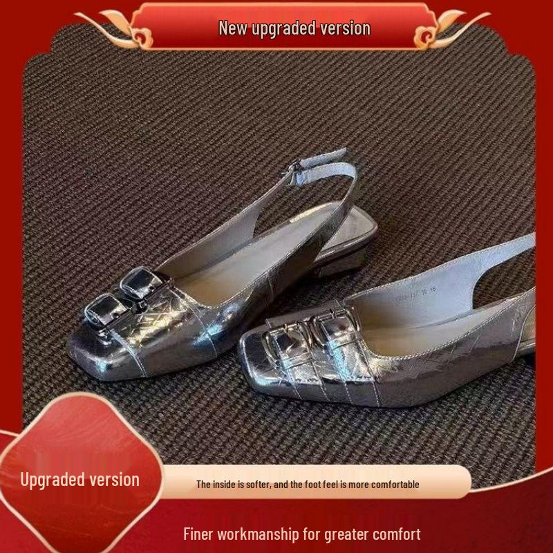 Women's Chunky Heel Leather Sandals: New 2026 French Fashion, Versatile Design with Buckle Strap and Square Toe