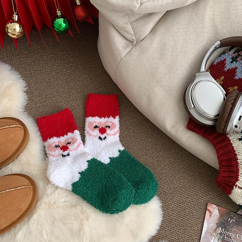 Christmas Coral Velvet Stocking Elk Santa Claus Striped Christmas Tree Snowflakes Socks Women Winter Autumn Home Floor Socks