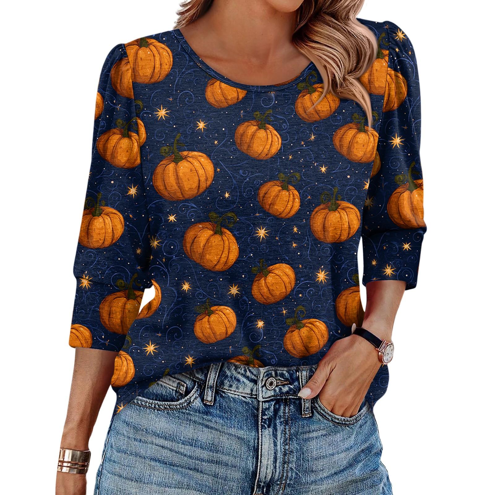 

Женская модная повседневная футболка с круглым вырезом, рукавом три четверти и принтом на Хэллоуин M оранжевый