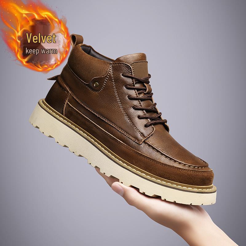 Men's Retro High-Top Leather Martin Boots - Winter Warmth, Thick Sole, Height Increasing, British Style for Autumn Trend.