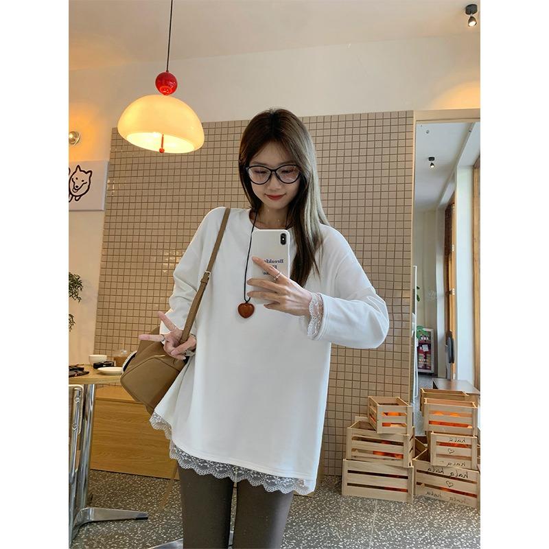 Long-sleeved Bottoming Shirt for Women Spring New Style Lace Splicing Loose Round Neck with Chic T-shirt Top