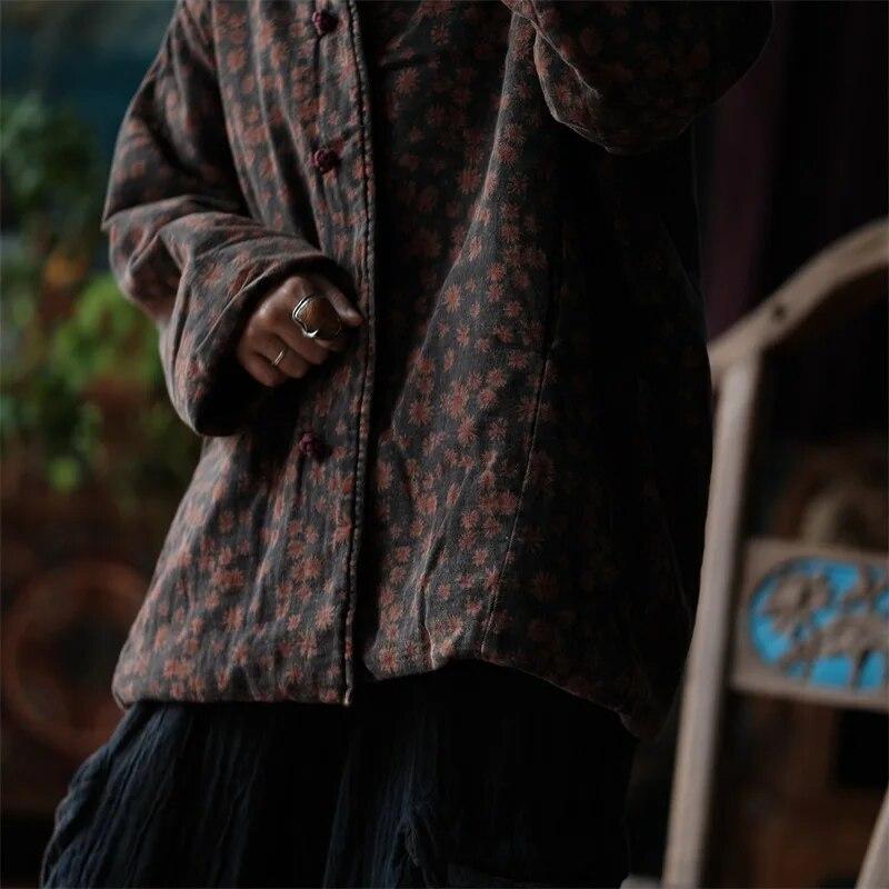 Johnature Γυναικεία παρκά με λουλούδια vintage στάμπα με μακρύ μανίκι με λαιμόκοψη και βαμβακερό μαλακό παλτό Πάρκα χειμερινού κινέζικου στυλ