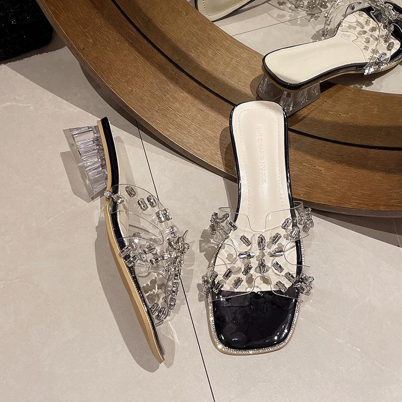 

Internet celebrity rhinestone transparent cool slippers women s summer new square head fashion versatile crystal thick high heel slippers 40