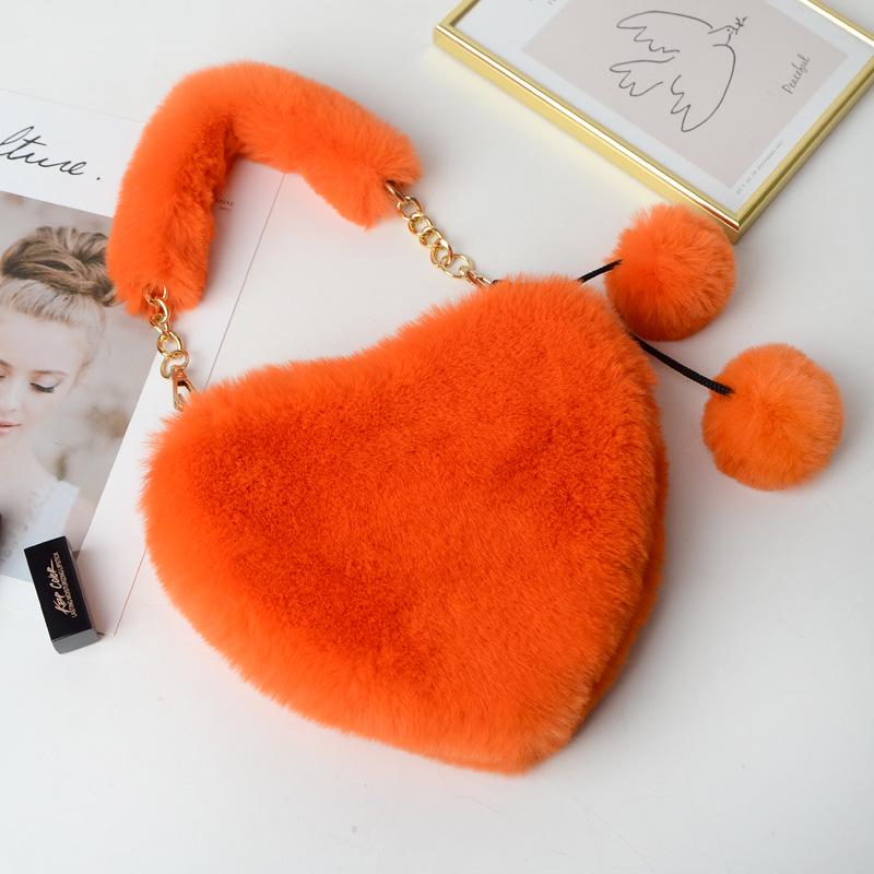 SCIONE Fashion Cute Plush Heart-shaped Bag Female Furry Love Handbag Chain Peach Heart Bag