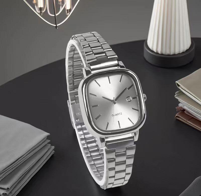 High-End Retro Silver Small Square Steel Band Watch with Calendar, Gold Brick Quartz Movement for Men and Women