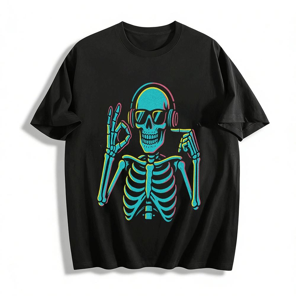 Cool Skull Listening Music OK Gesture Graphic Casual Top Pure cotton T-shirt XXS