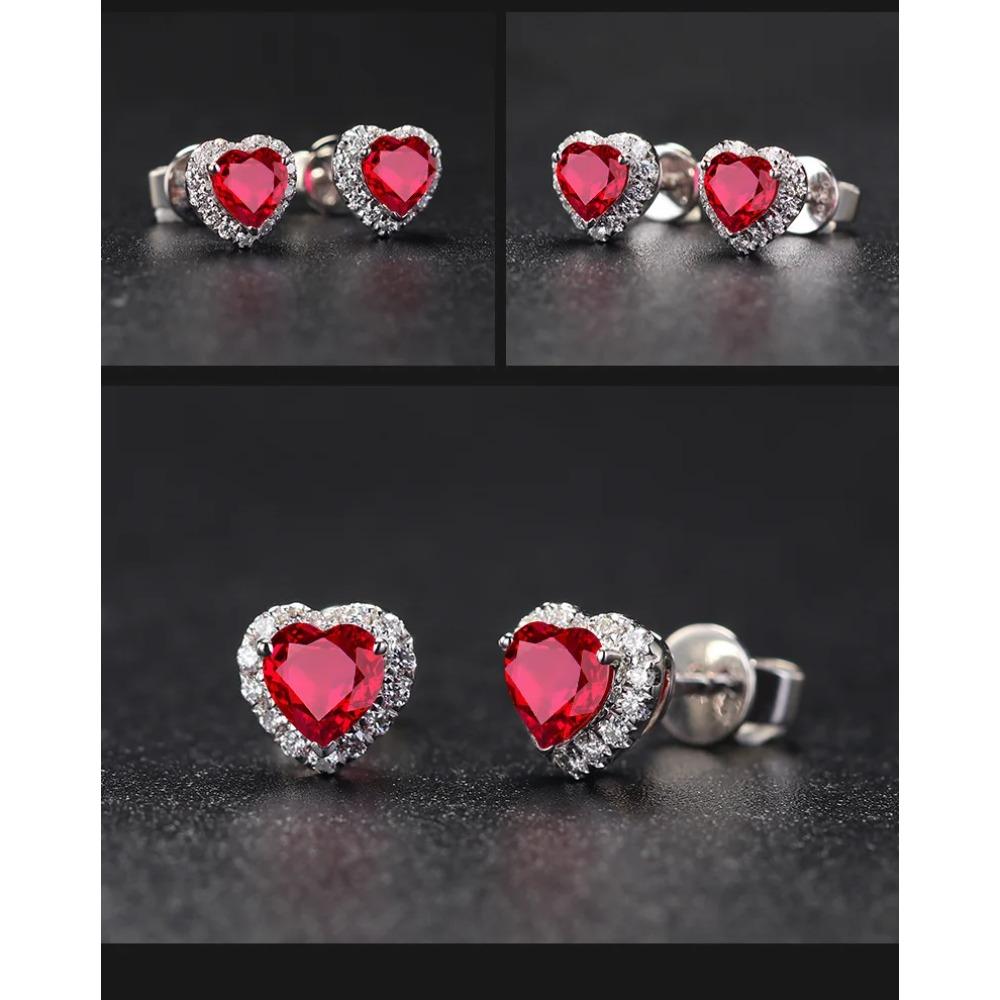 925 Silver Love Heart Earring Luxury Female Ruby Red Stone Stud Earrings For Women Wedding Party Birthday Gift