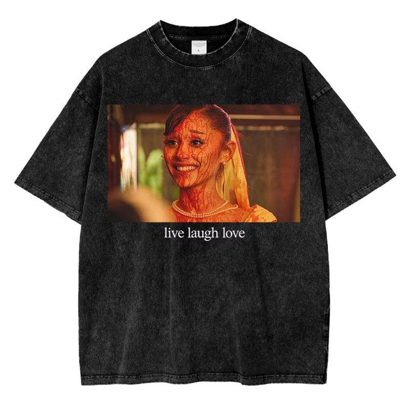 100% Cotton Vintage Washed Ariana Grande Petal Violent Fairy Pop Core T Shirt Men Letter Live Laugh Love Retro Loose Tees Shirts