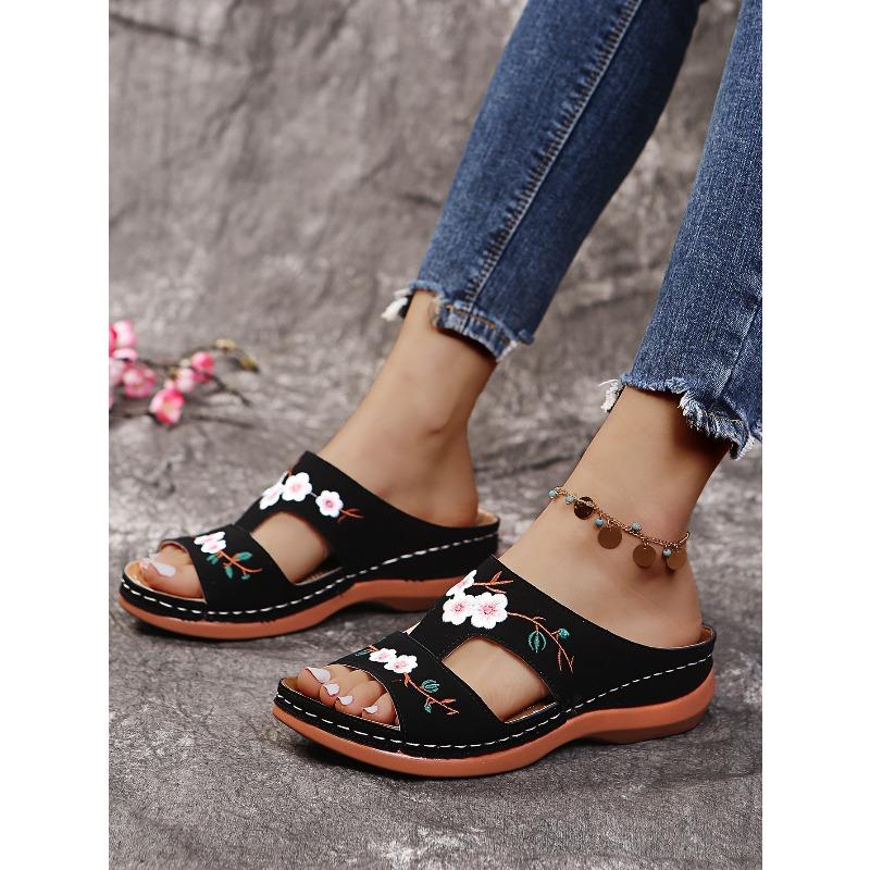 Womens One Band Slippers Summer Roman Style Wedge Platform Sandals Embroidered Floral Sandals