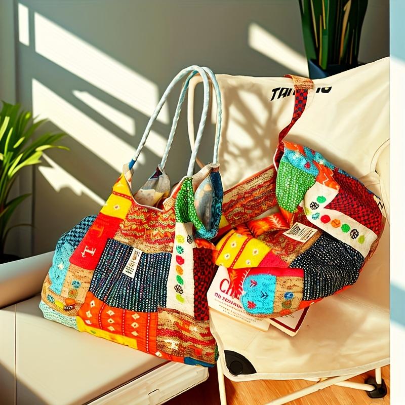 1pc Bohemian Single Shoulder Bag, Large Capacity, Canvas, Checkered Pattern, Mixed Color, with Drawstring Closure and Lining, for Spring, Summer