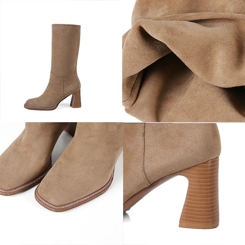 Fashion New Kid Suede Retro Women Boots Autumn Winter Slip-On Mid-Calf Boots for Women Square Toe Square Heel Basic Shoes High(5cm-8cm)