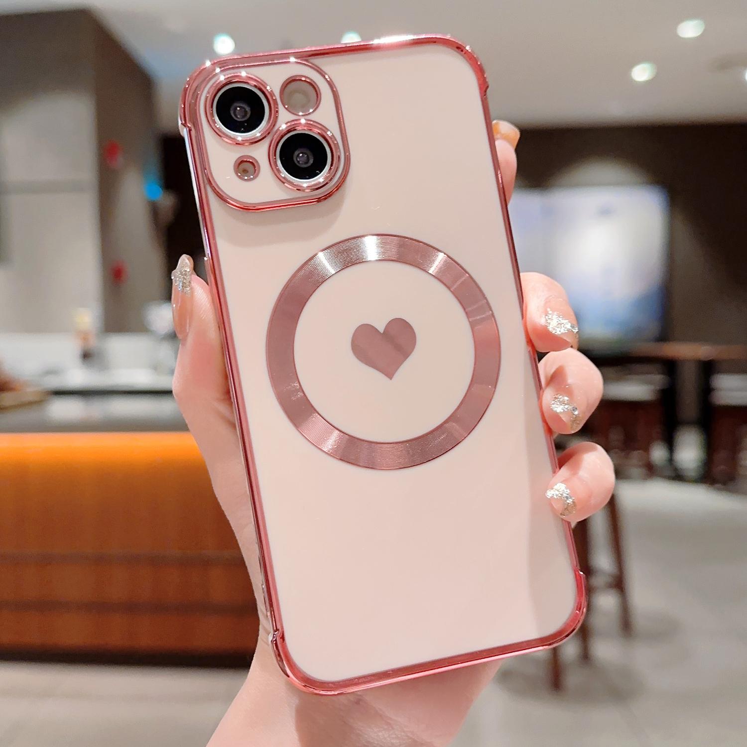

For iPhone 15 Magnetic Case Heart Pattern Electroplating TPU Phone Cover Rose Pink