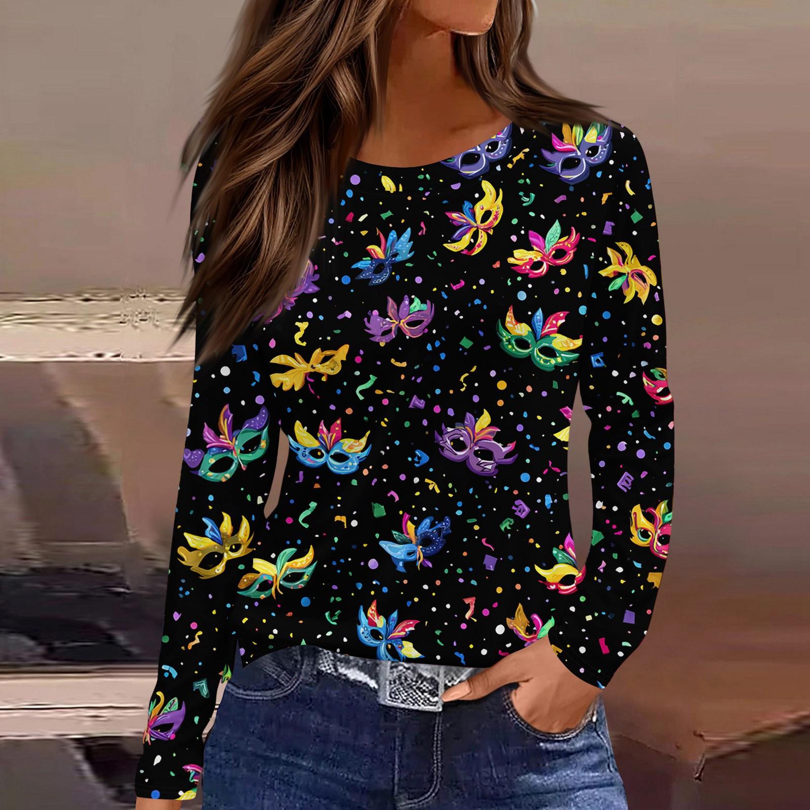 

Женский модный топ с круглым вырезом, длинными рукавами и разрезом по низу, с карнавальным принтом L чёрный