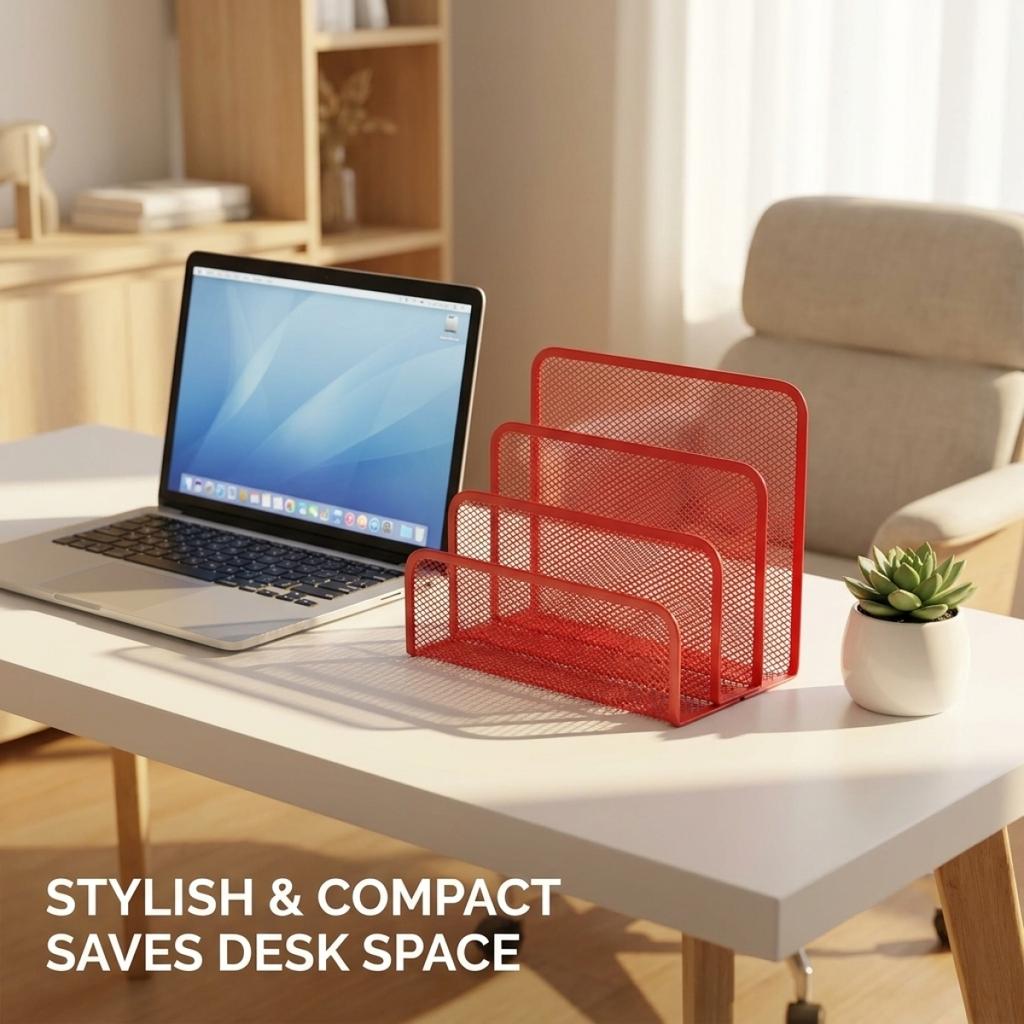 KAWAII Red Letter Sorter – Tiered Storage Mesh Organizer, Metal File Holder for Documents, Stylish Desk Decor for Women