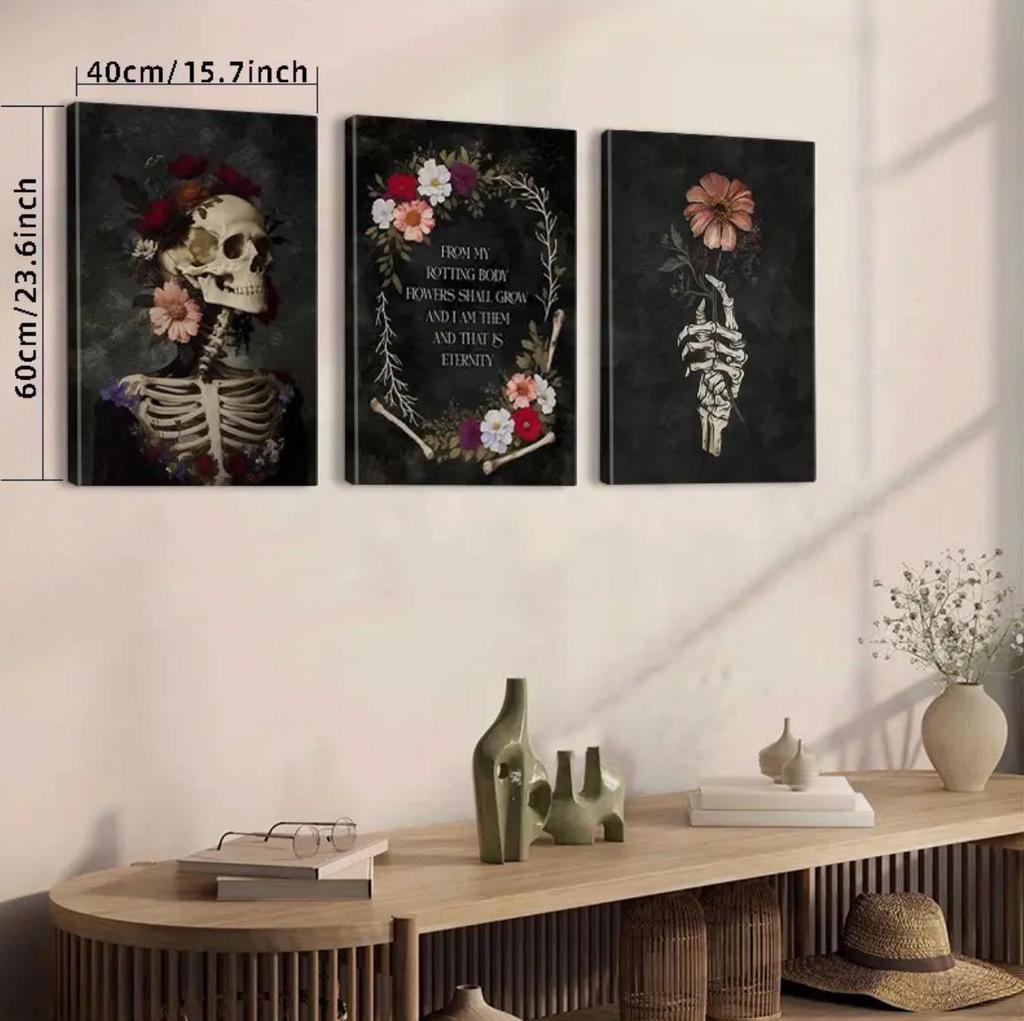 Halloween Skull Rose Canvas Wall Art with Pine Frame for Bedroom and Living Room