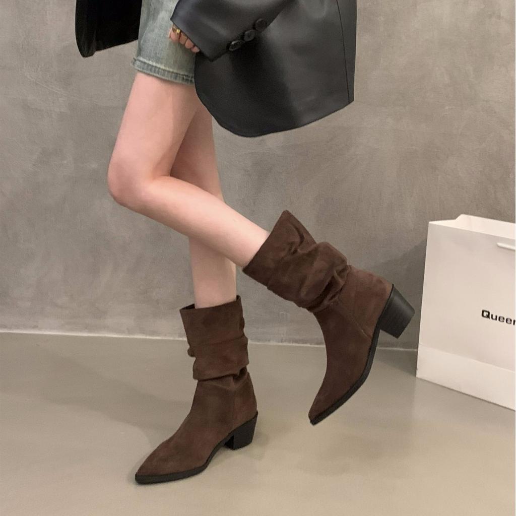 High heel pointed suede khaki thin French small short boots women's shoes 2025 new stacking boots spring and autumn single boots