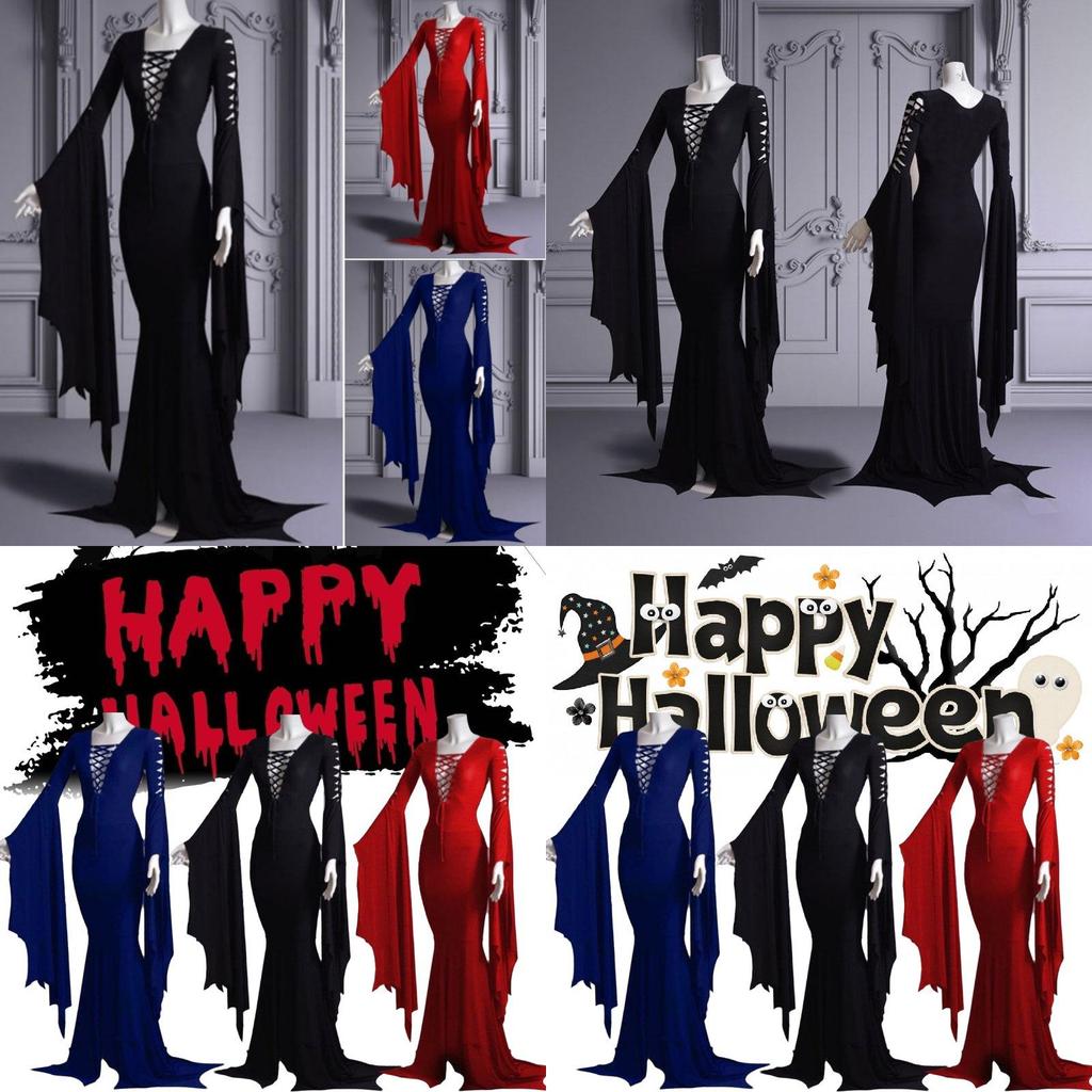 Trendy New Halloween Sexy V Neck Dress With Flare Sleeves Available In Red Black And Blue Sizes S To 5xl For A Chic Retro Look