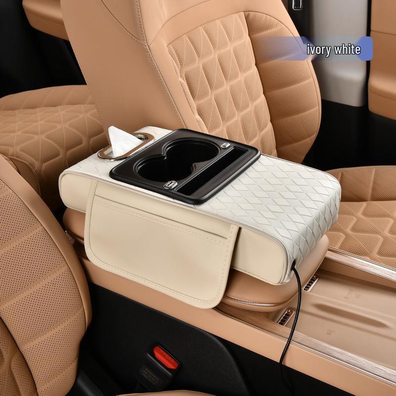 Rhombus Charging Car Armrest with Nappa Leather, Dual Cup Holder, Storage & Tissue Box.