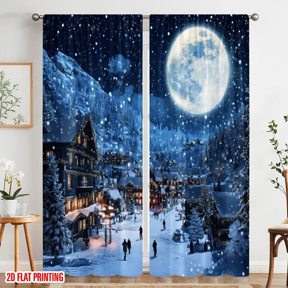 2pcs,2D Plane Printing Popular Curtains Winter Moonlit Village Polyester (without Rod) Decorations Outdoor for Living Room and