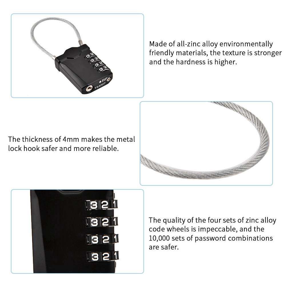 Ocelové lanové zámek s heslem, celní zámek na zavazadla(Černá)