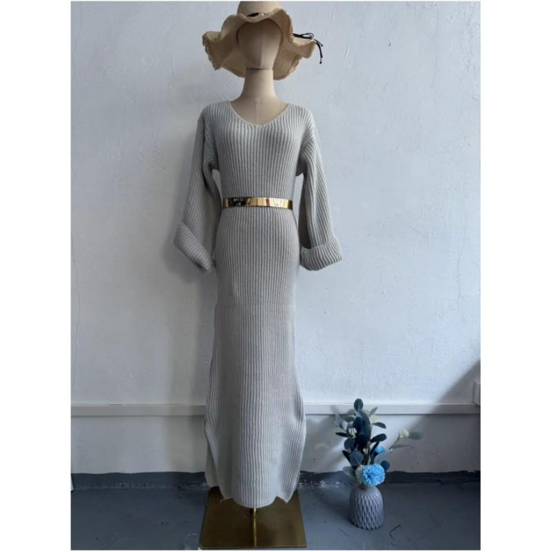 

Женские осенние и зимние однотонные красивые трикотажные топы с длинным рукавом и V-образным вырезом облегающие платья XXS светло-серый