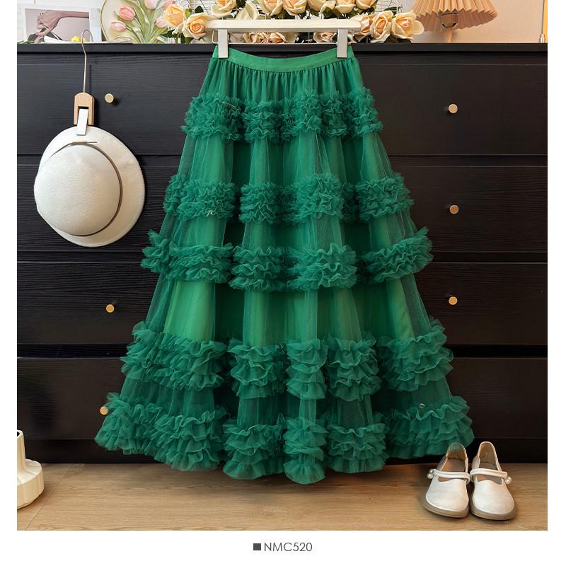 Sweet Style High Waist Ruffled Lace Gauze Maxi Skirt