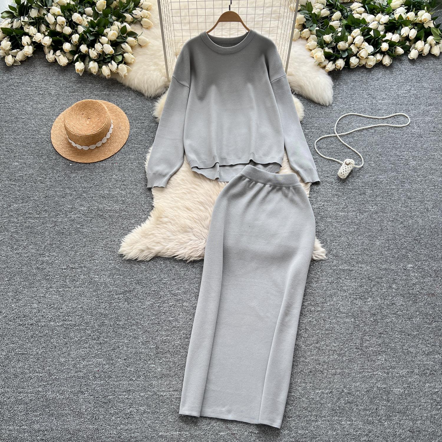 

Комплект из двух предметов Женская одежда Нежный стиль Ленивый Свободный пуловер Круглый вырез Длинный рукав Вязаный свитер Миди Облегающие юбки One Size серый