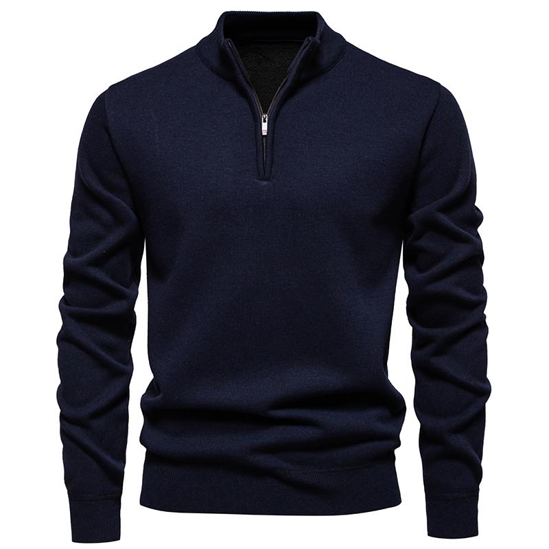 

Autumn Winter Men s Half Zipper Knitted Pullovers Solid Slin Fit Casual Sweater Male Fleece Warm Stand Collar Pullover Sweaters S темно-синього кольору