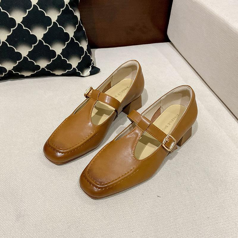 Leather Mary Jane Small Leather Shoes Brown Thick Heel Single Shoes Women's Square Head Niche T-buckle with Retro Loafers