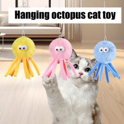 Hängande Fluffig Bläckfisk Katt leksak Interaktiv Självlek Kattpinnleksak med Bjällra Mjuk Plysch Bläckfisk Leksak med Elastisk Snöre för Inomhus Kattunge Jaga Leka