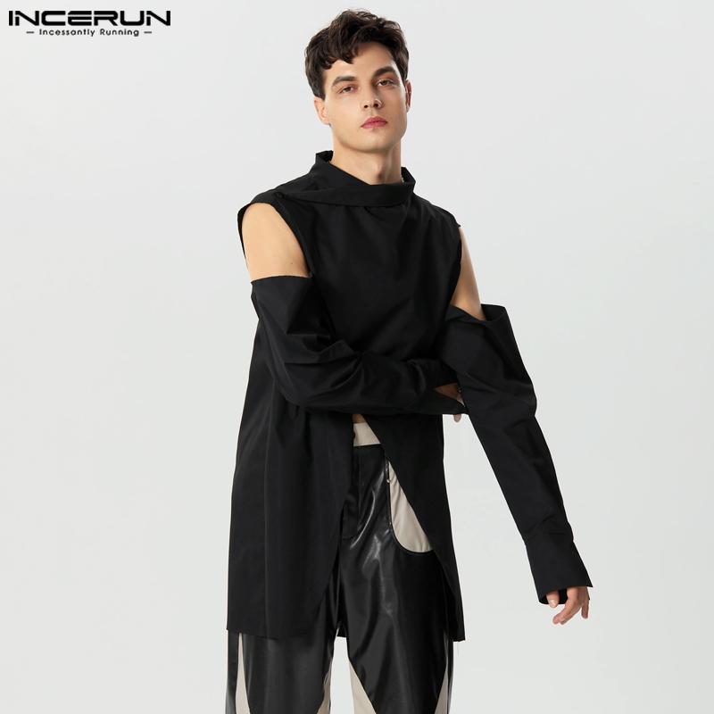 INCERUN Men Cold Shoulder Cutout Long Sleeve Cross Split Irregular Tops