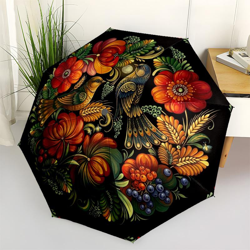 1pc Floral Art, Birds, Circular Design Umbrella with Plastic Handle,Compact & Stylish,Suitable for All Seasons YS331096