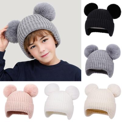 Kids Knitted Hat Dual Fur Ball Decor Ear Protection Warm Hat Solid Color Elastic Warm Windproof Hat Headwear