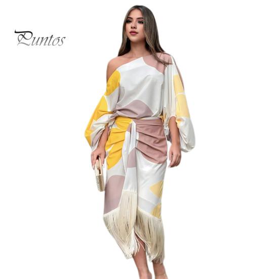 

2 шт./компл., женский комплект с верхней юбкой на одно плечо, с длинными рукавами-фонариками, в тон, с кисточками, с высокой талией, свободная мешковатая OL, комплект с блузкой-миди, юбка 2XL бежевый