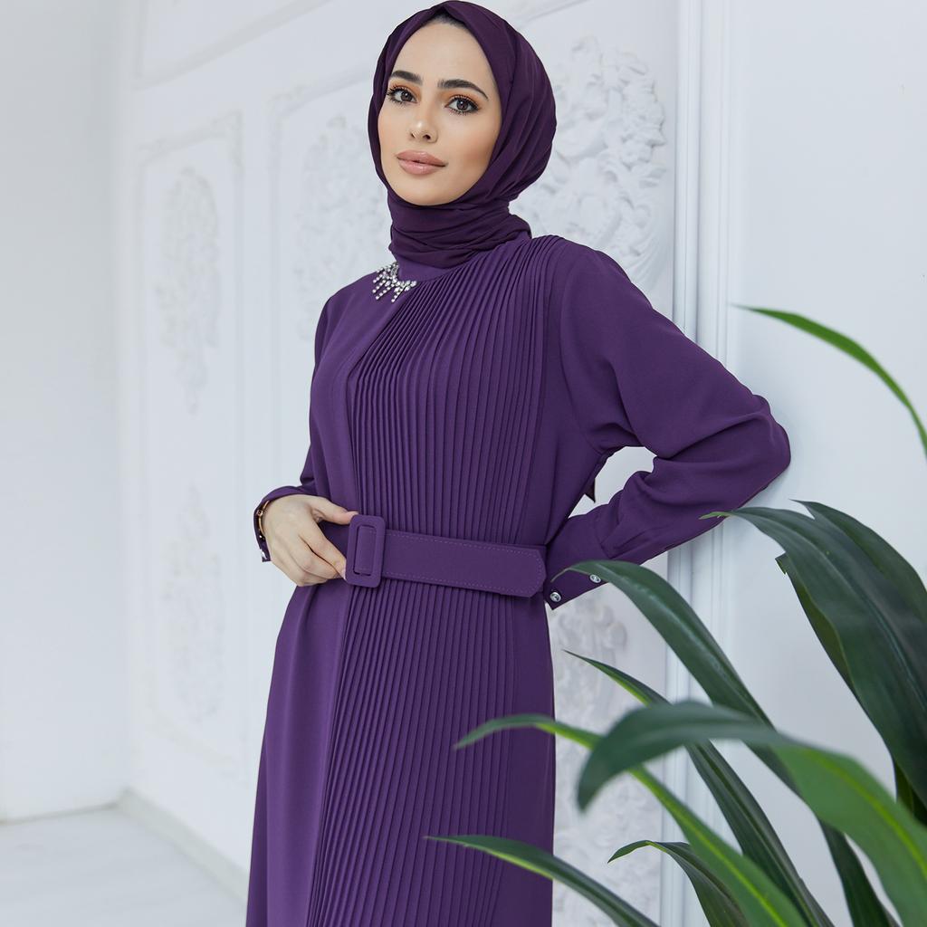 Plisowana sukienka z paskiem damska muzułmańska islamska długa Abaya