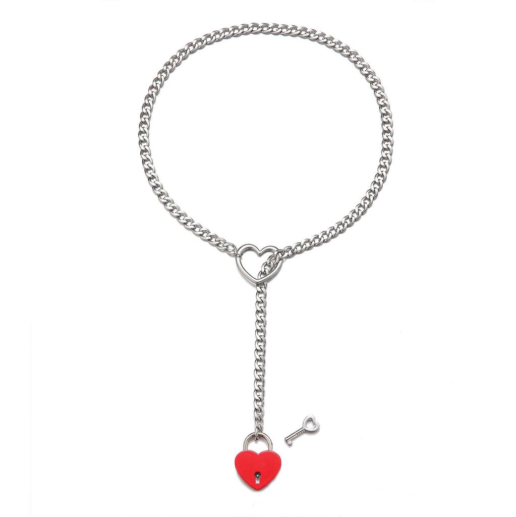 Heart-Lock Gothic Punk Necklace - Stainless Steel Silver Electroplated Cuban Chain