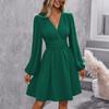 Women's Fashionable Solid Color V Neck Long Sleeved Pleated Versatile Dress