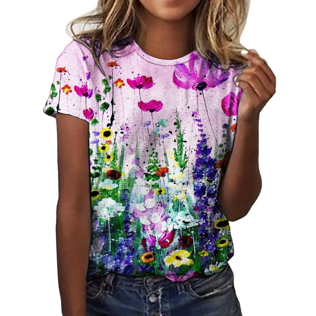Summer Round Neck 3D Love Flower Print Top Fashionable Casual Short Sleeved Women's T-shirts