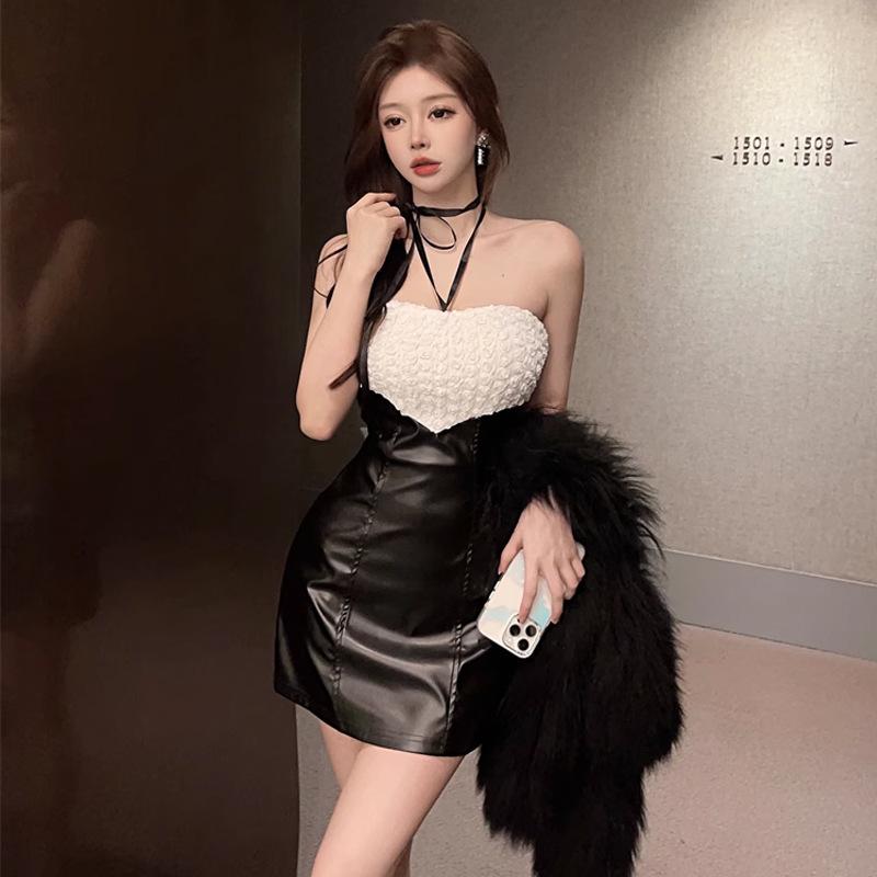 2025 fashion new women's clothing sexy hottie backless pu leather splicing slim dress
