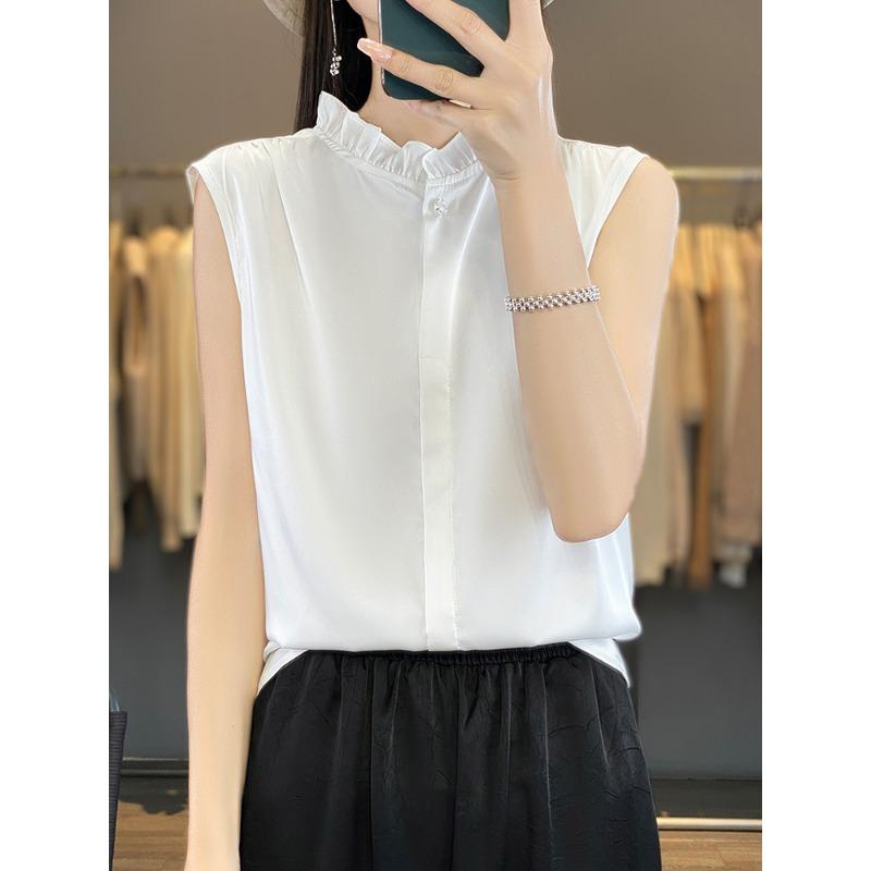 VEZFAA Women's Fashion Casual Summer Spring Solid Color Print Sleeveless Stand-Neck Blouses & Shirts